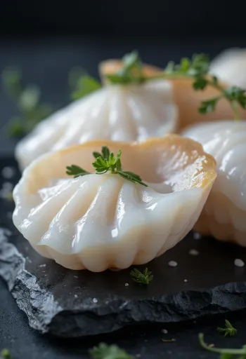 Nozes de vieira frescas e nacaradas num prato