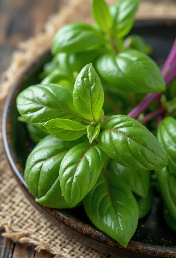 Folhas frescas de manjericão-tailandês em prato limpo