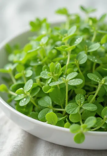 Planta de morugem fresca com pequenas flores brancas em forma de estrela.