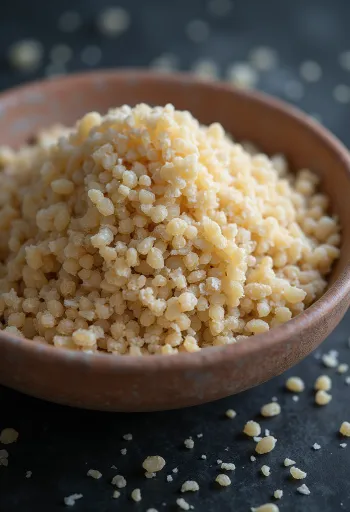 Imagem de grão de Fonio (Acha), em forma crua, sobre superfície de madeira