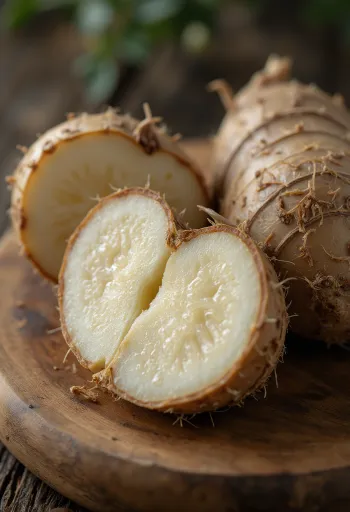 Imagem da raiz de achira, fatias cortadas numa tábua