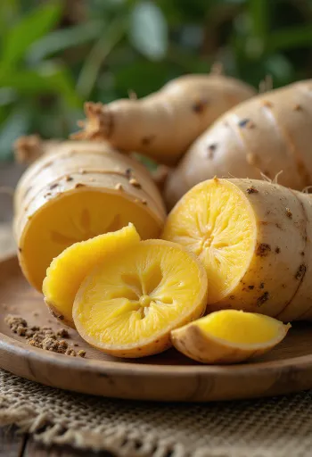 Imagem da raiz de arracacha, fatias cortadas numa tábua