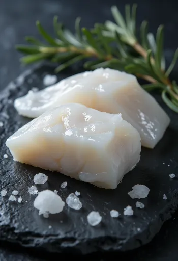 Filete de bacalhau do Atlântico fresco sobre tábua de cozinha