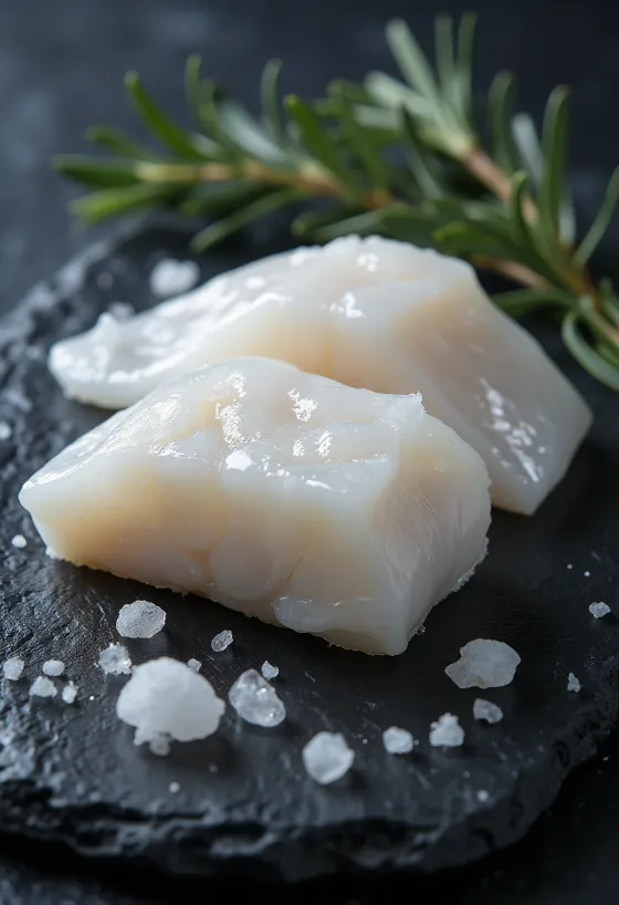 Filete de bacalhau do Atlântico fresco sobre tábua de cozinha