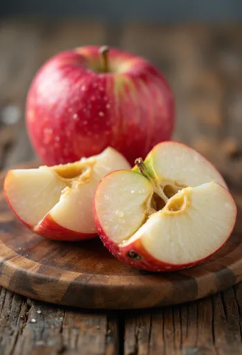 Maçãs Idared frescas e fatias em tábua de corte