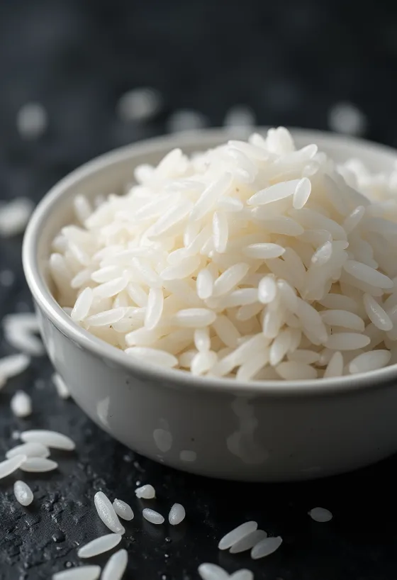 Arroz Jasmim cozinhado com grãos longos e brancos