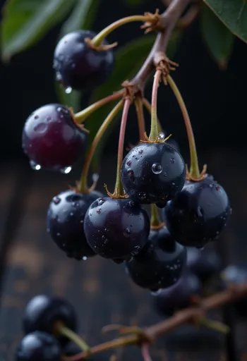 Bagas de sorva, cor vermelha viva e superfície ligeiramente enrugada