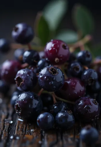 Bagas de sabugueiro, cor roxa escura vibrante e superfície ligeiramente brilhante