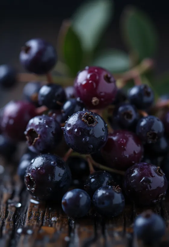 Bagas de sabugueiro, cor roxa escura vibrante e superfície ligeiramente brilhante