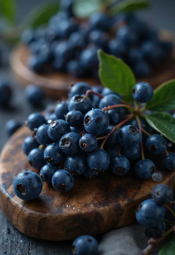 Bagas de abrunho, cor azul-escura e superfície ligeiramente rugosa