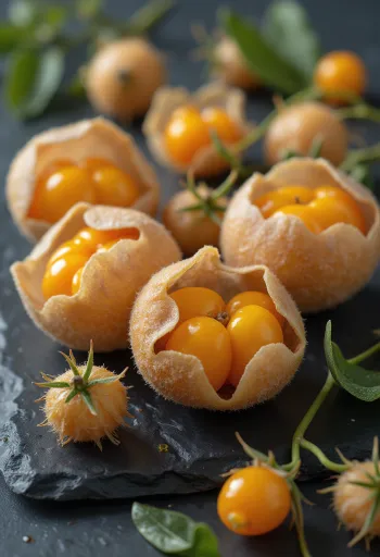 Bagas de Physalis (Alquequenje) de cor laranja vibrante com o seu invólucro papiráceo