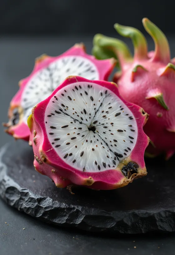 Pitaia de polpa branca cortada, mostrando as sementes pretas e a casca rosa