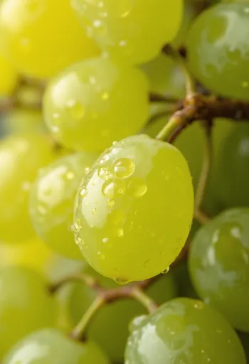 Cacho de uvas Irsai Olivér em plano aproximado, bagos amarelo-esverdeados