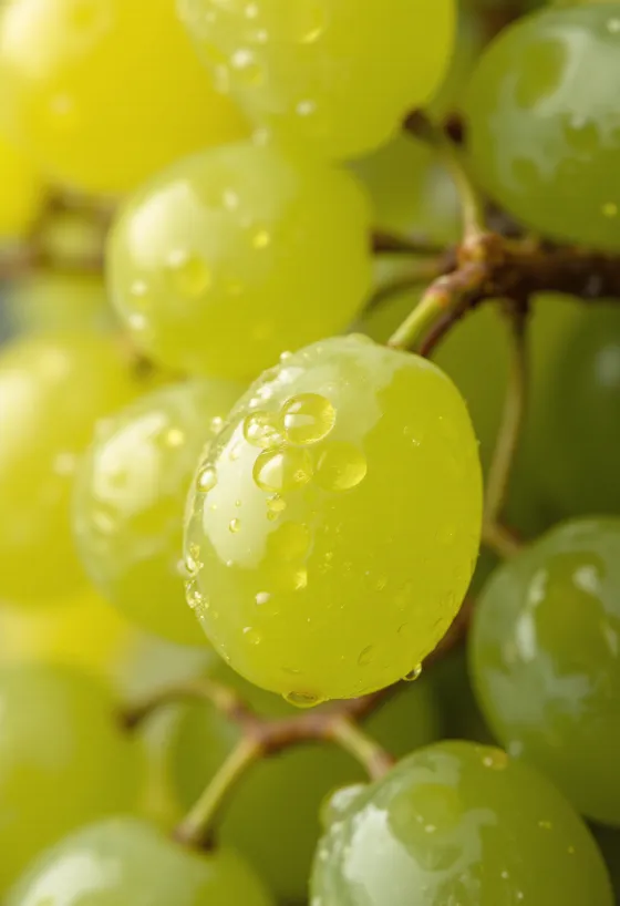 Cacho de uvas Irsai Olivér em plano aproximado, bagos amarelo-esverdeados