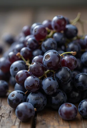 Grande plano de uvas Othello frescas, com bagos de cor púrpura escura quase negra