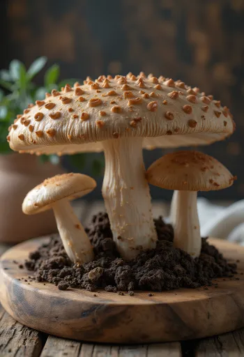 Cogumelo Parasol fatiado em tábua de preparação culinária