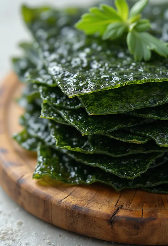 Folhas de alga Nori secas em superfície de madeira, nori picada em taça