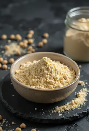 Proteína de ervilha em pó bege com ervilhas amarelas secas