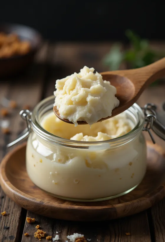 Gordura de pato crua em taça de vidro, com pedaços de tecido adiposo limpo