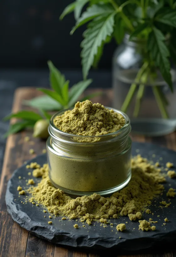 Proteína de cânhamo crua em taça, com sementes de cânhamo para documentação