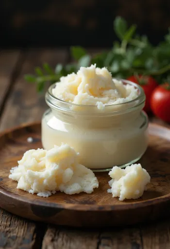 Gordura de ganso crua em taça de vidro, com pedaços de gordura limpa