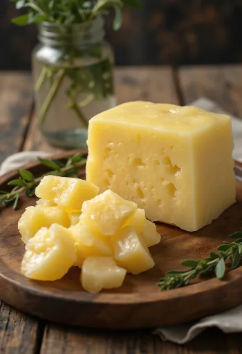 Sebo de vaca cru em tigela pequena, rodeado por pedaços de tecido adiposo limpo