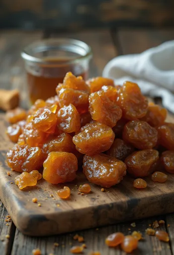 Pedaços de própolis bruto sobre superfície de madeira, estado natural