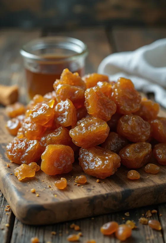 Pedaços de própolis bruto sobre superfície de madeira, estado natural