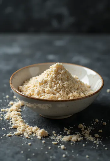 Proteína de arroz crua em pó de cor bege clara em taça, ao lado de arroz integral