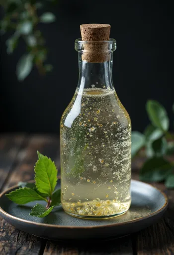 Seiva de bétula em garrafa e copo, com casca e ramos de bétula