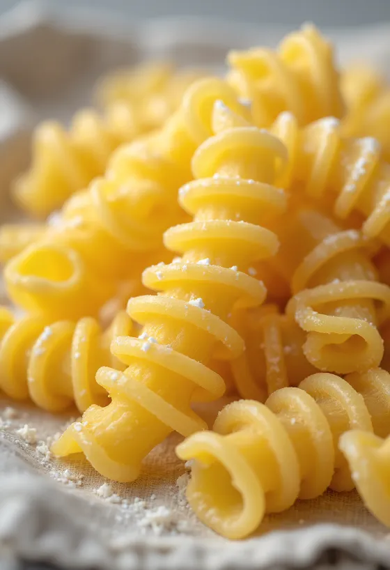 Massa fusilli seca espalhada em forma de espiral sobre superfície de madeira