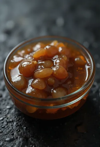 Molho de ostra em taça de cerâmica, com carne de ostra cozida, molho de soja e açúcar em taças pequenas