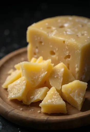 Queijo Parmesão fatiado e ralado numa tábua de madeira