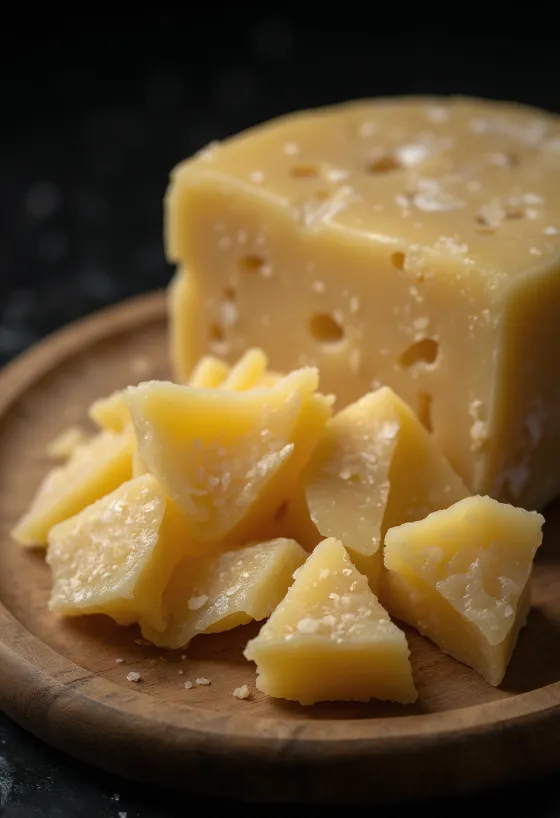 Queijo Parmesão fatiado e ralado numa tábua de madeira