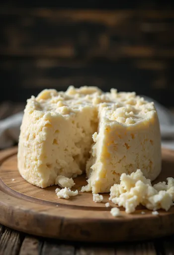Queijo Pecorino fresco de ovelha em taça branca, sobre mesa de madeira
