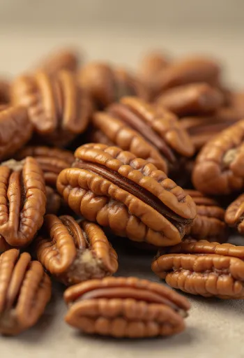 Miolo de noz-pecã descascado em taça de madeira e espalhado