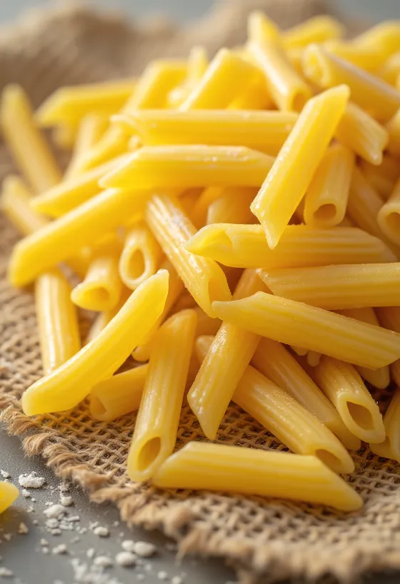 Massa penne seca com superfície estriada sobre fundo de madeira
