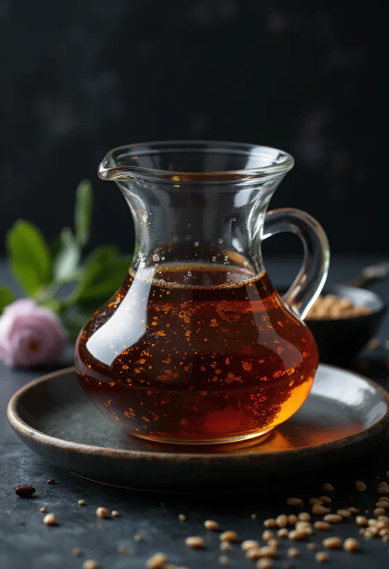 Óleo de sésamo tostado em garrafa escura, com taça e sementes de sésamo ao lado