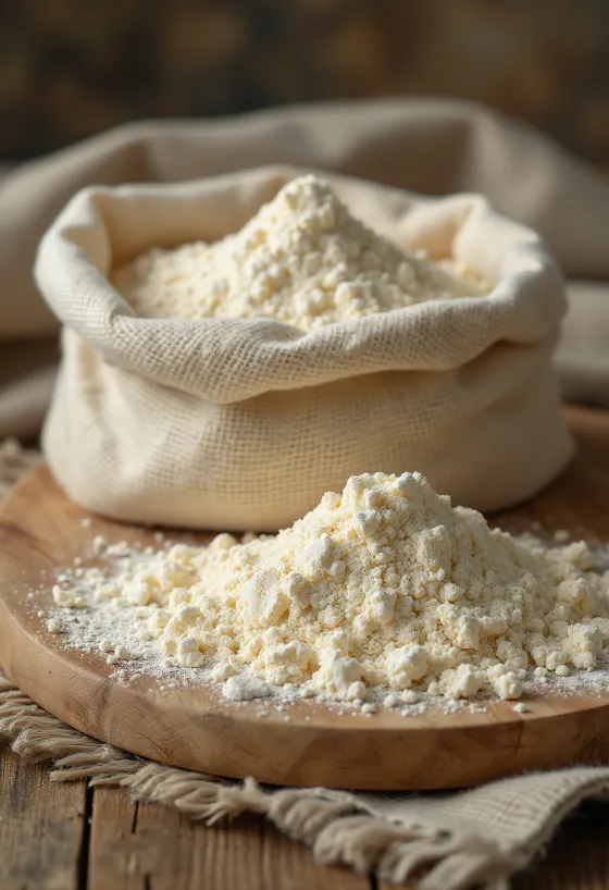 Farinha de plátano em taça, com colher, plátano verde e fatias secas