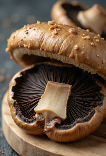 Cogumelos Portobello frescos em tábua, preparados para grelhar com azeite e alecrim