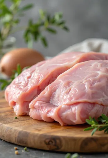 Pedaços de carne de peru fresca com especiarias e alho em tábua de madeira