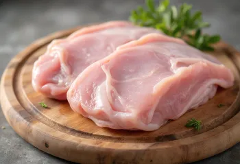 Pedaços de carne de peru fresca com especiarias e alho em tábua de madeira