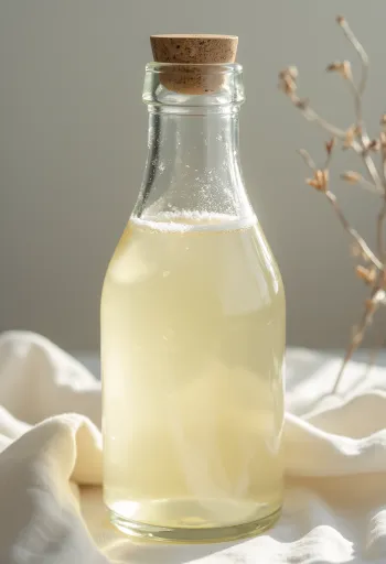 Vinagre de arroz em taça de vidro, com arroz cozido e cru ao lado