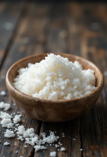 Amido de arroz em pó branco muito fino, em taça e espalhado