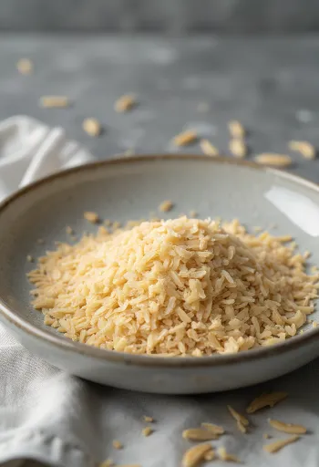 Farelo de arroz em pequena taça de cerâmica e espalhado em superfície de madeira