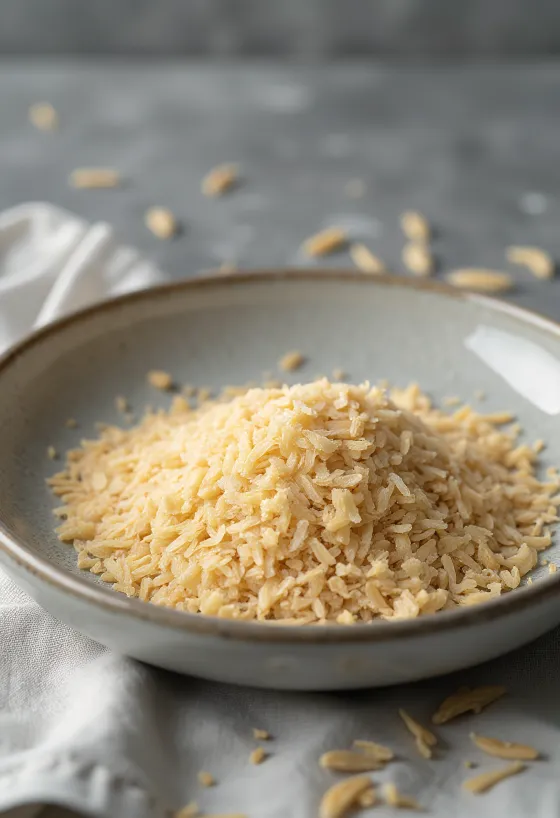 Farelo de arroz em pequena taça de cerâmica e espalhado em superfície de madeira
