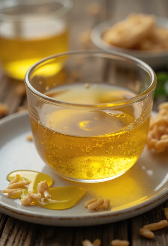 Óleo de farelo de arroz em garrafa, com grãos de arroz e farelo em fundo natural