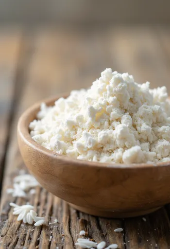 Farinha de arroz fina em taça de cerâmica, espalhada na madeira