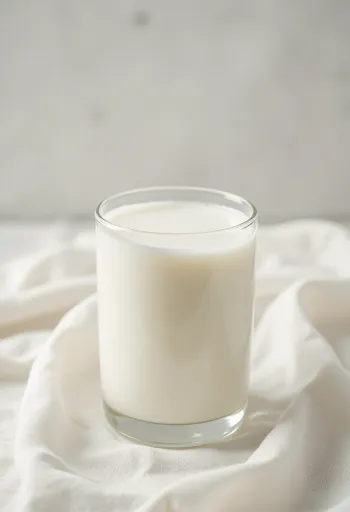 Leite de arroz a ser servido num copo, com arroz cru e cozido em fundo