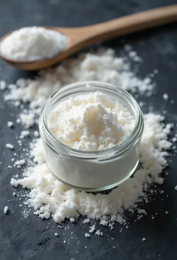 Leite de arroz em pó fino numa taça e colher